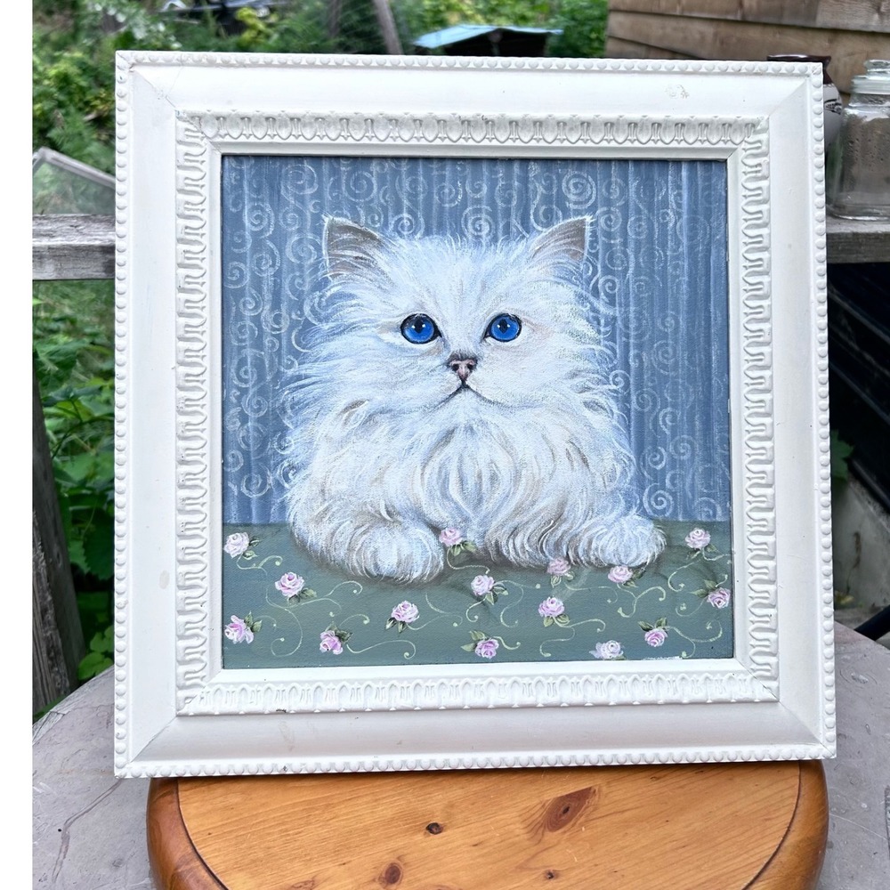 Vintage White Persian Cat Painting Art 15x15 White Ornate Framed Kitten MCM